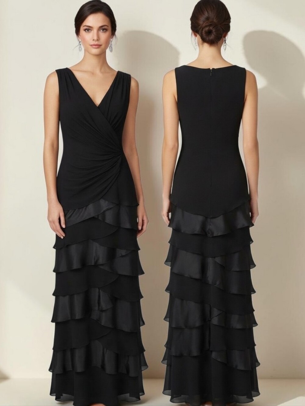 TADASHI SHOJI Vintage Y2K Black Silk Tiered Maxi Gown - Size 8